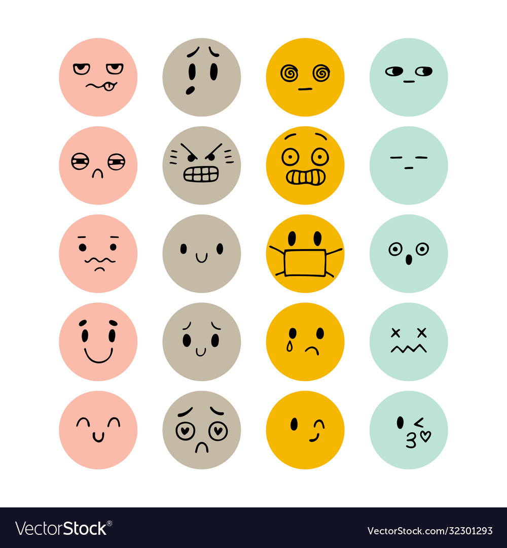 Set hand drawn funny smiley faces happy kawaii Vector Image