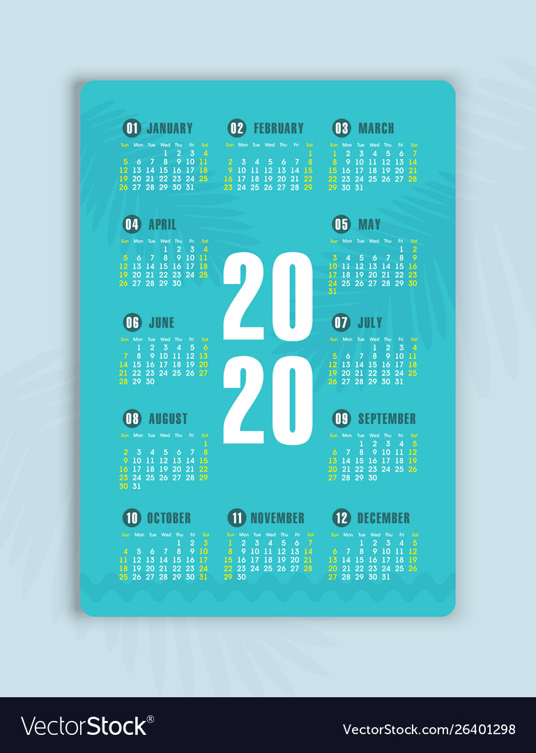 Calendar 2020 year week starts from sunday Vector Image