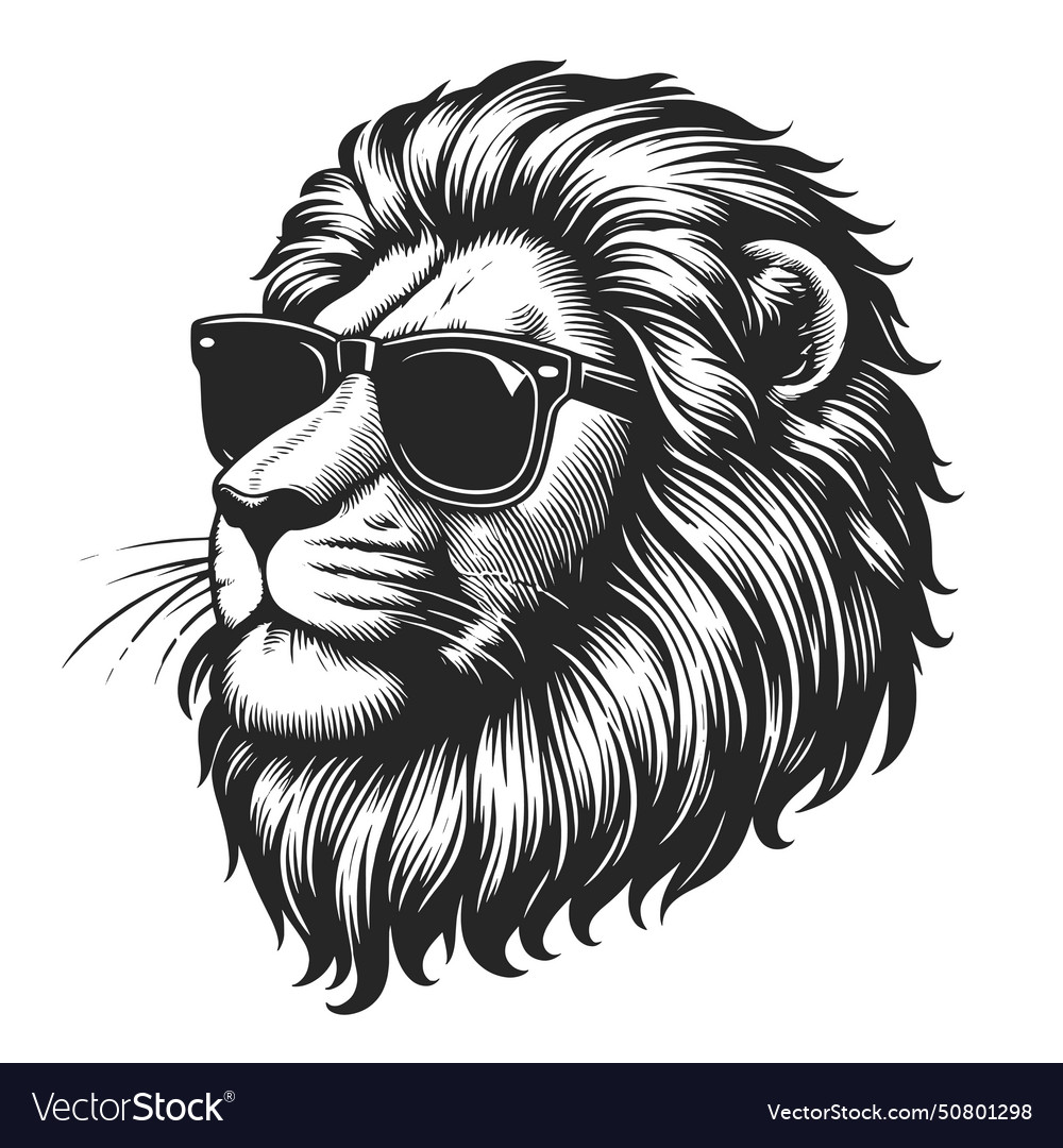 Cool lion with sunglasses engraving sketch Vector Image