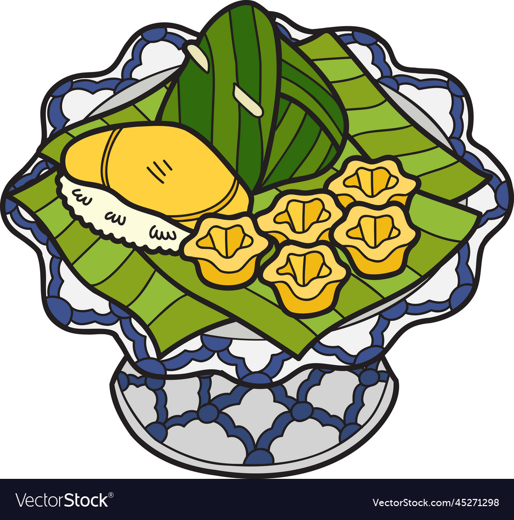 Hand drawn thai desserts and benjarong cups Vector Image