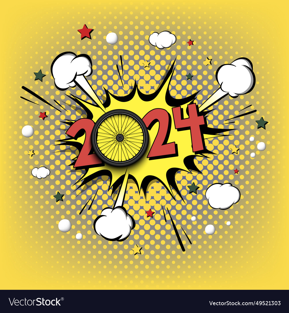 Happy new year 2024 and bike wheel Royalty Free Vector Image