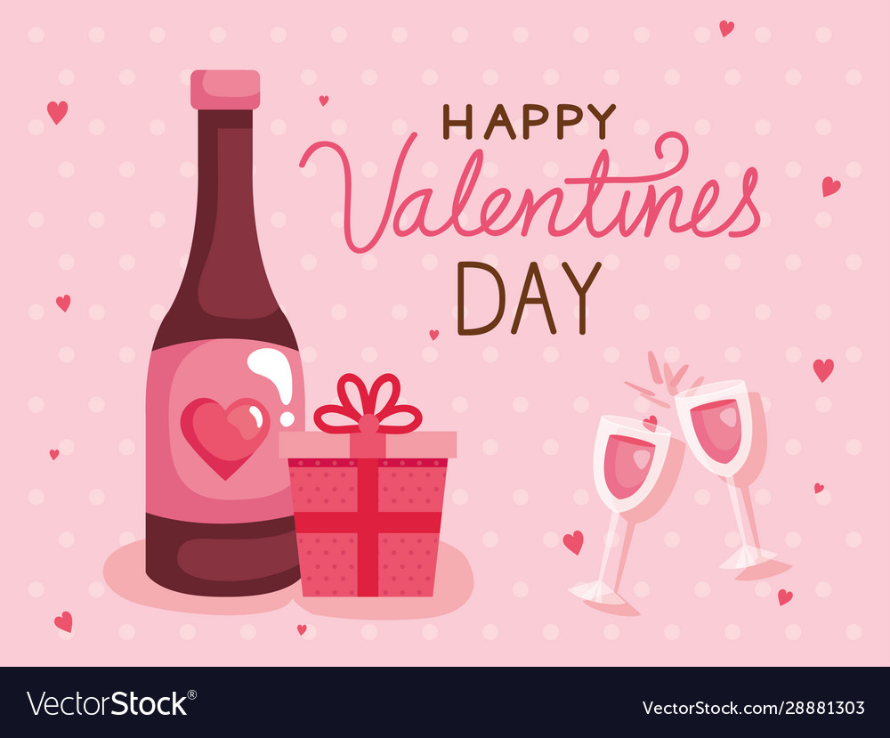 Happy Valentines Day Card With Bottle Wine And Vector Image