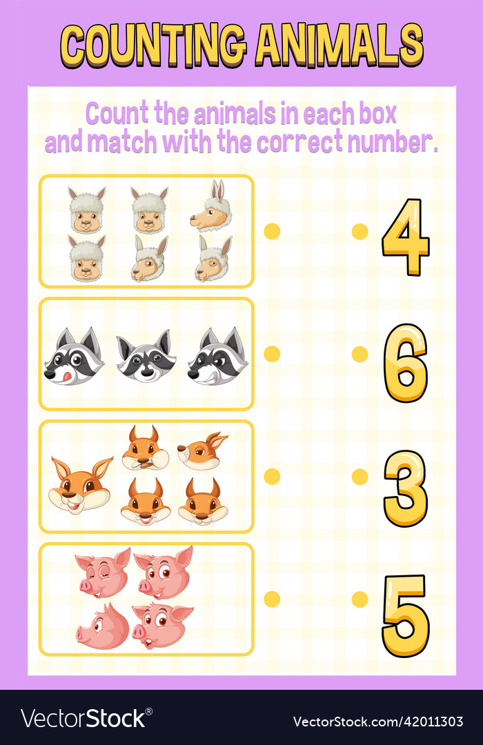 Match by count with different types of animals Vector Image Match by count with different types of animals Vector Image