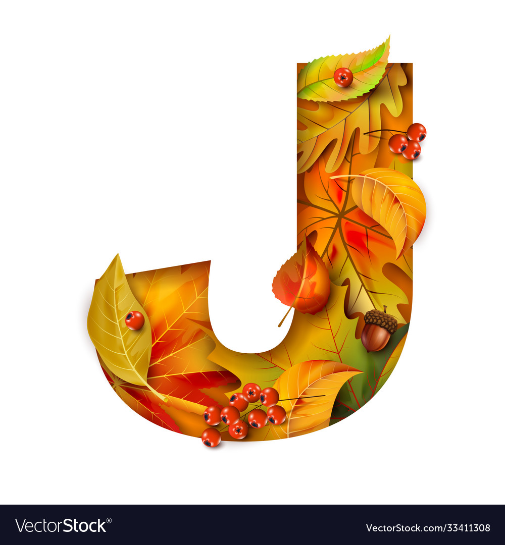 Autumn stylized alphabet with foliage letter j Vector Image