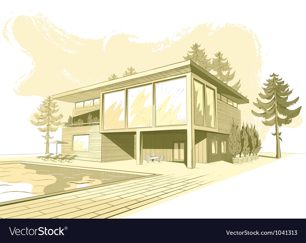Sepia background with modern house with swimming vector image