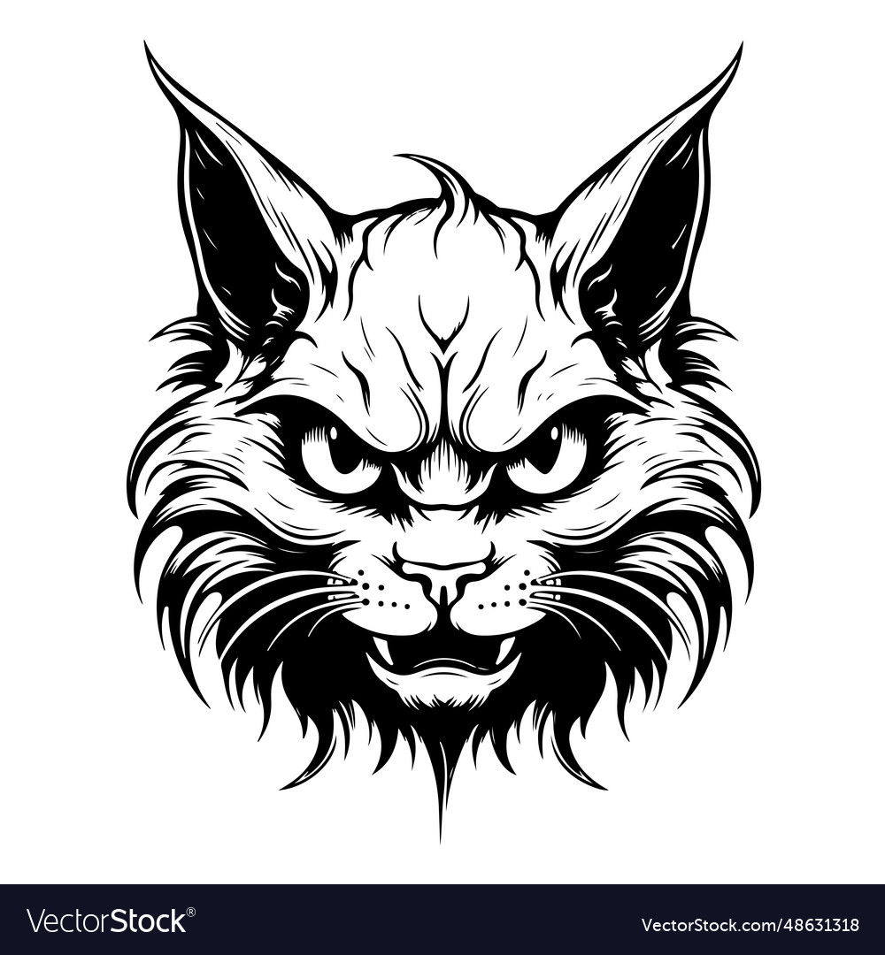 Freehand Sketch Illustration Of Angry Cat, Kitten Doodle Hand