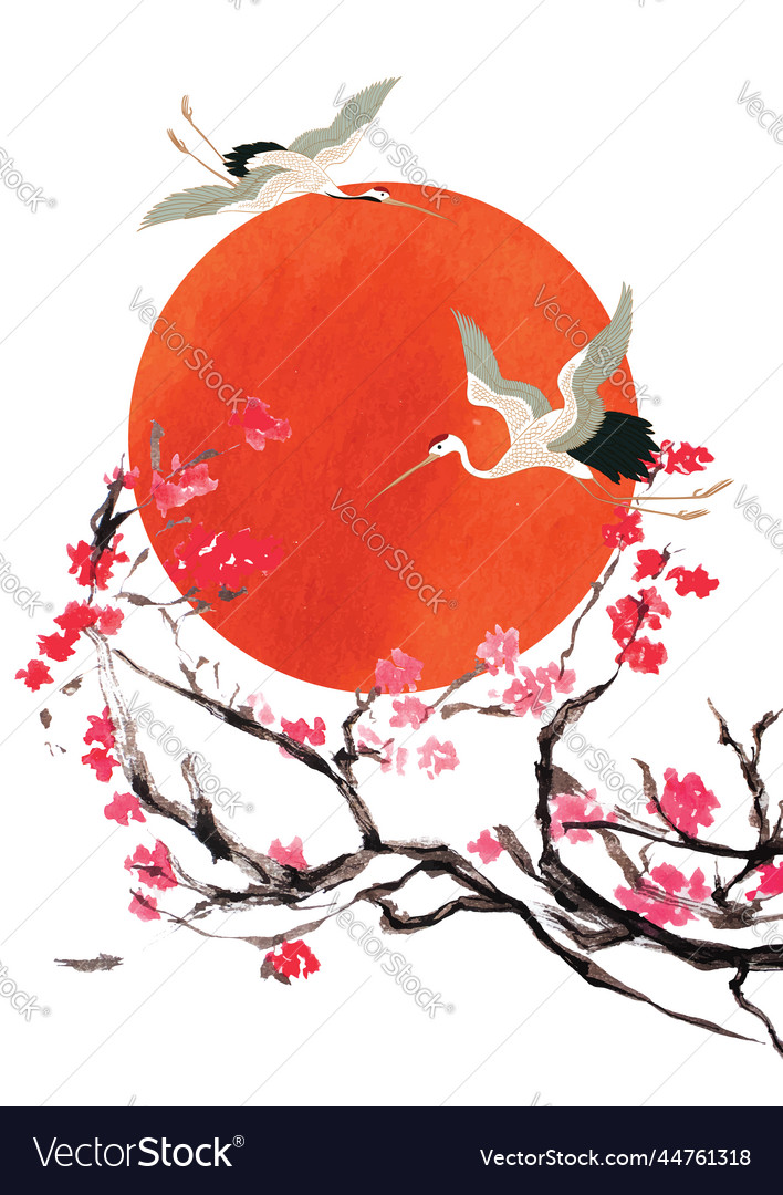 Crane birds cherry blossom flower and red circle Vector Image