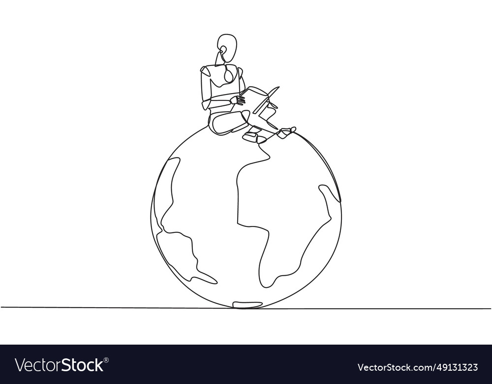 Single one line drawing smart robot sitting Vector Image