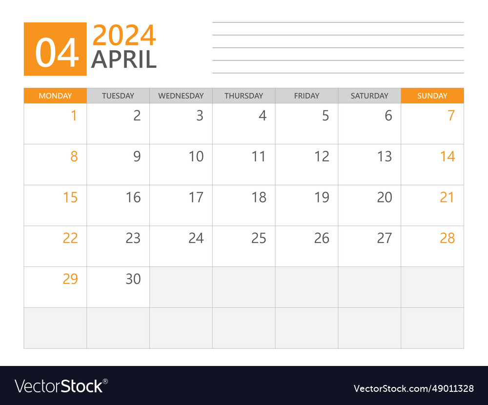 April 2024 Template Calendar Planner Week Vector Image