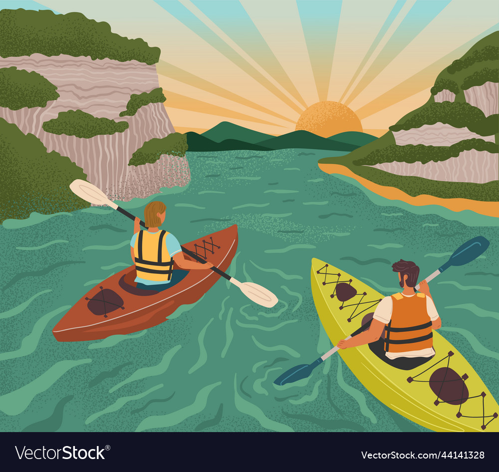 Couple on kayak rowing down to river sunset Vector Image