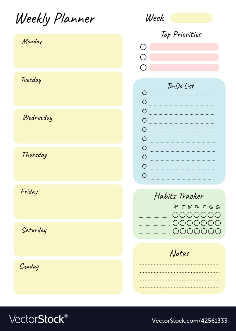 Weekly planner printable template blank Royalty Free Vector