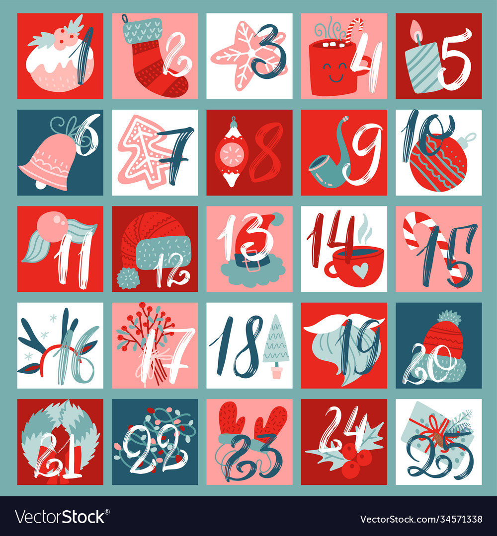 Advent calendar with christmas decor elements vector image Advent calendar with christmas decor elements