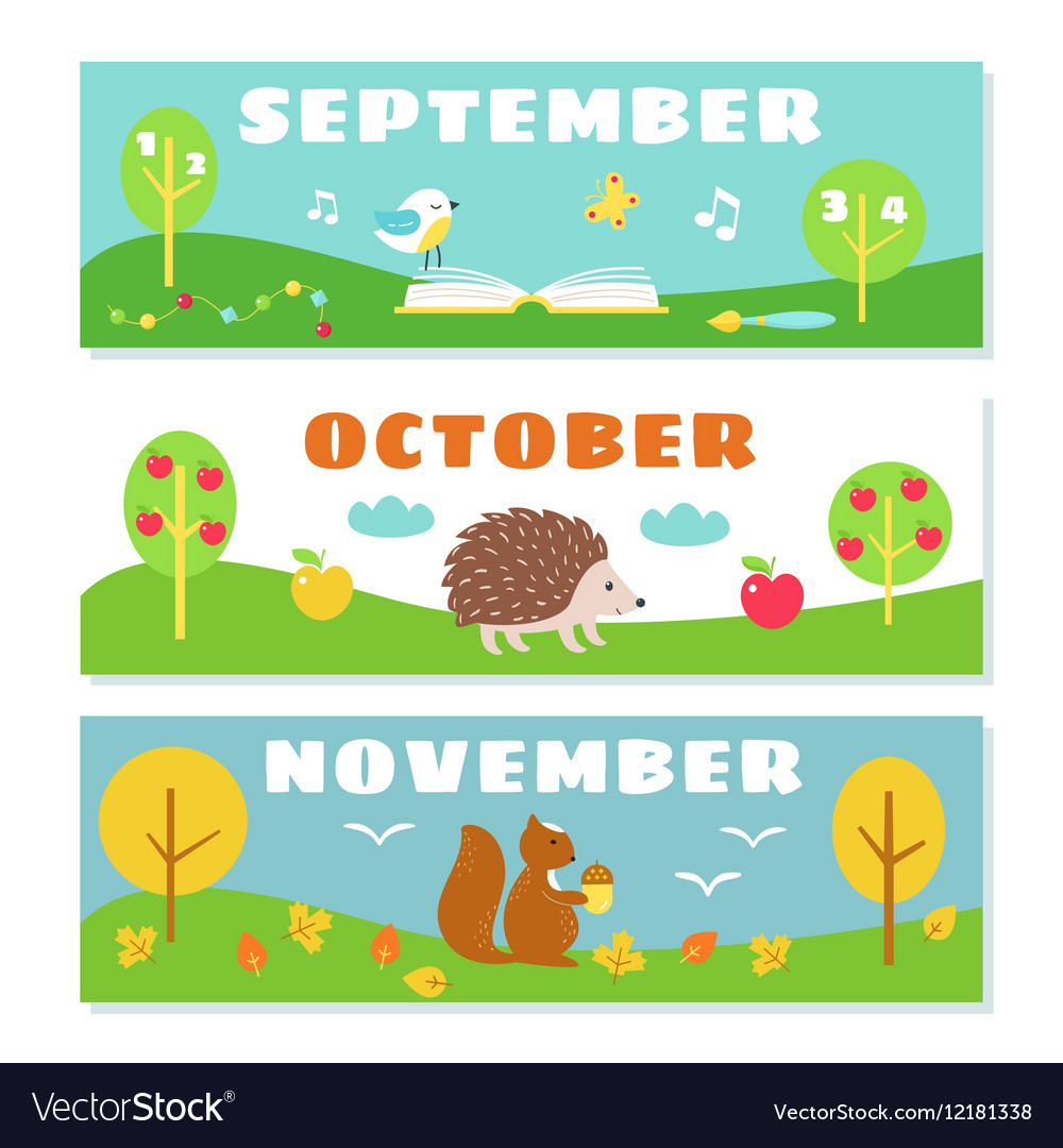 Autumn Months Calendar Flashcards Set Nature And Vector Image