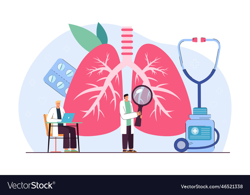 Tiny pulmonologists examining lungs flat Vector Image