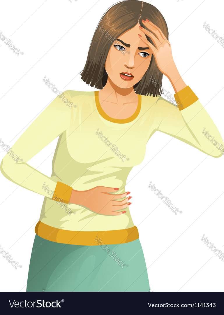 Woman with stomach issues and headache Royalty Free Vector