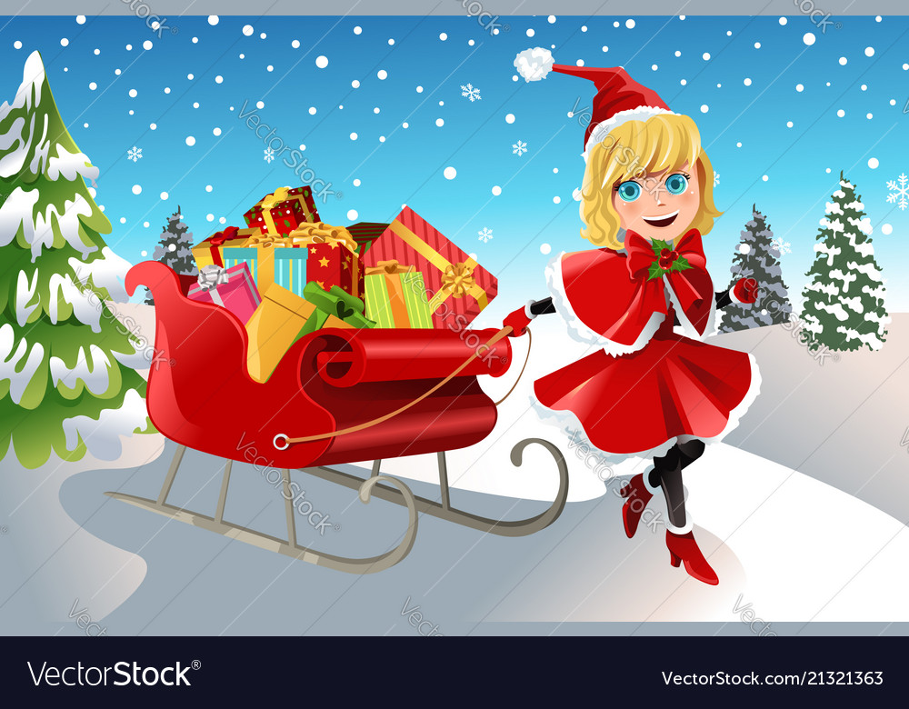christmas girl pulling sleigh royalty free vector image