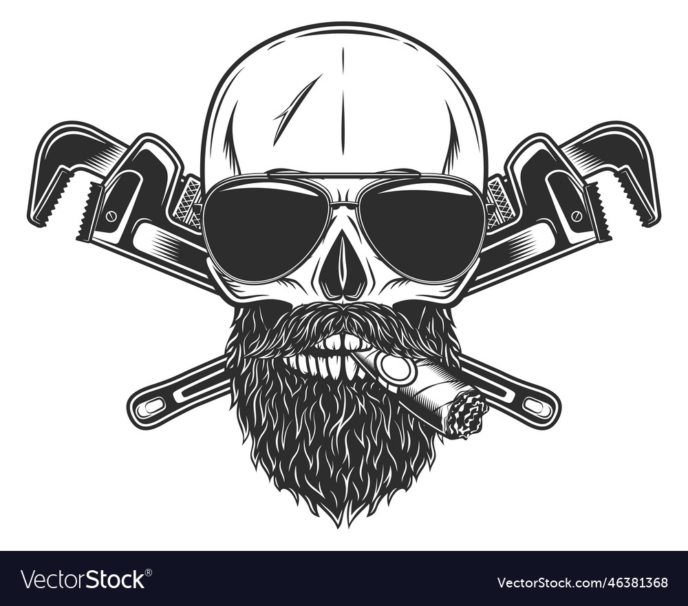 Skull smoking in sunglasses with beard and wrench Vector Image