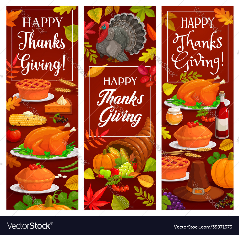 Happy Thanksgiving Holiday Banners Of Pie Turkey Vector Image