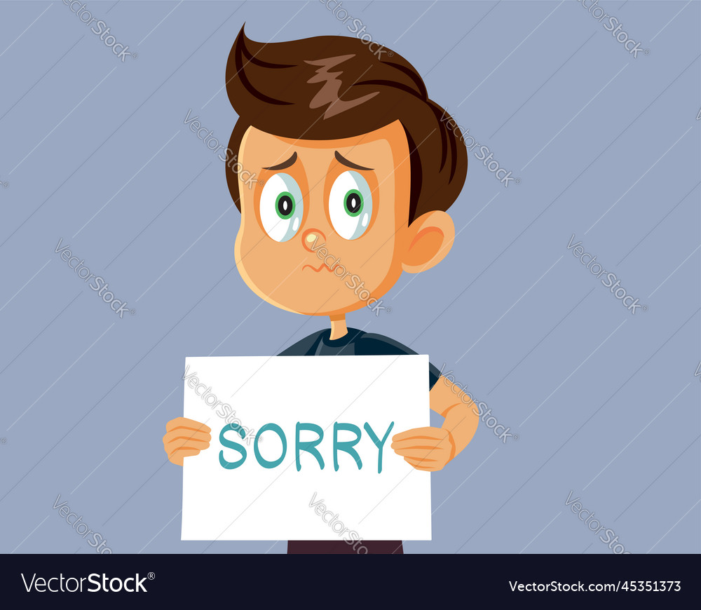 Little boy holding a placard apologizing cartoon Vector Image