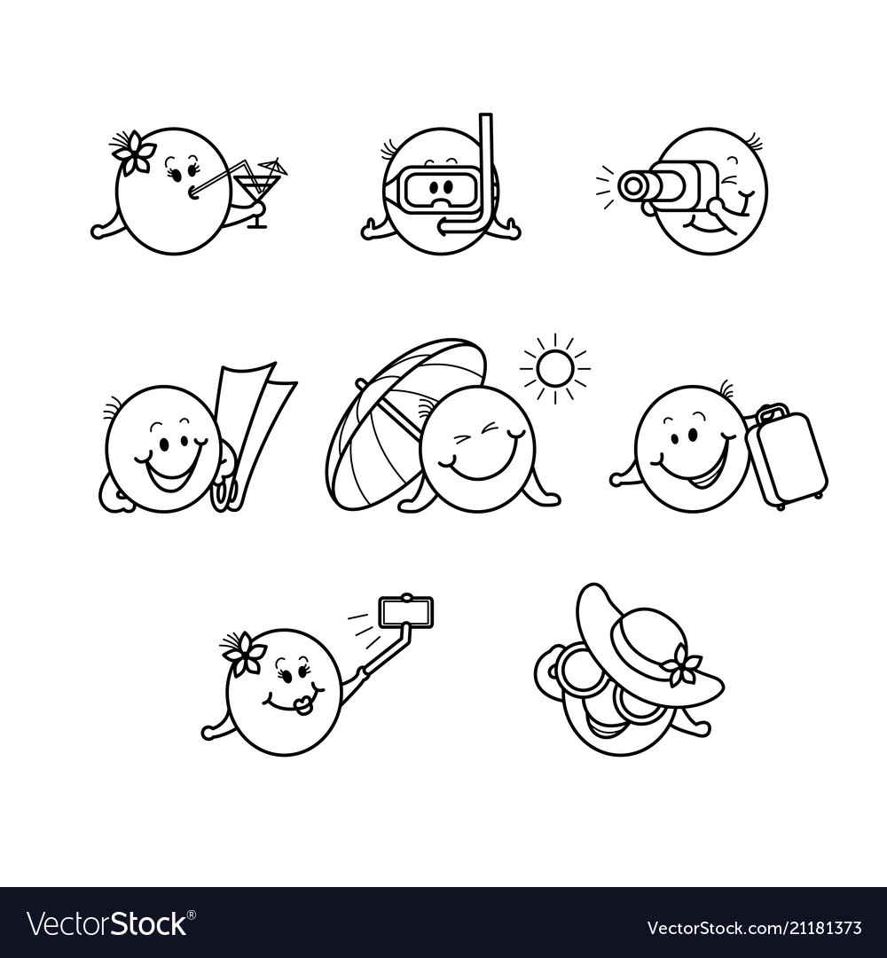Summer Beach Vacation Smiley Set Emoticons With Vector Image