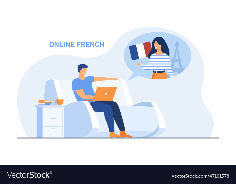 Cartoon man learning french online Royalty Free Vector Image