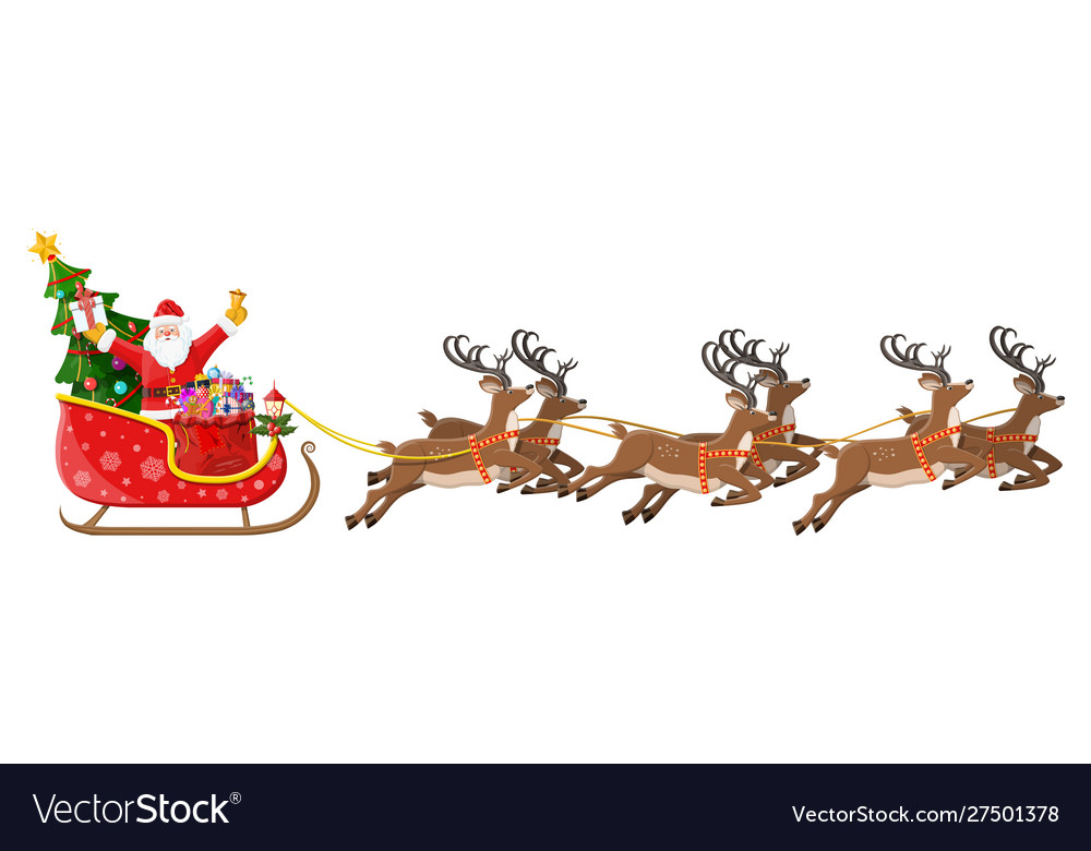 Santa claus on sleigh full gifts and reindeers Vector Image