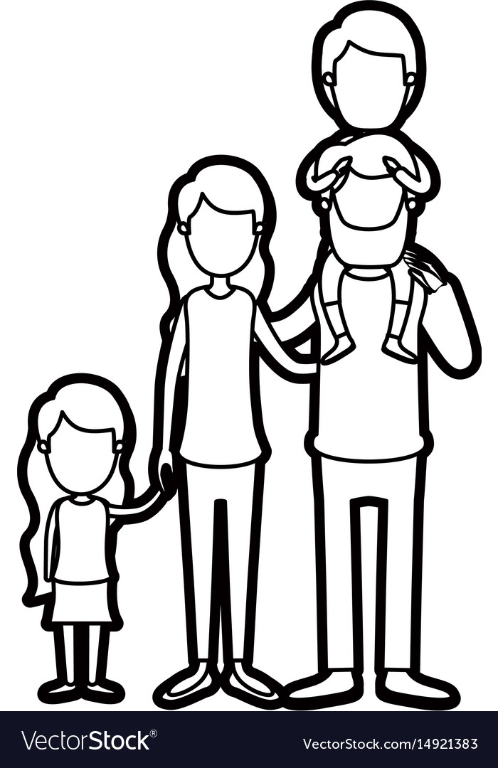 Caricature thick contour faceless big family Vector Image