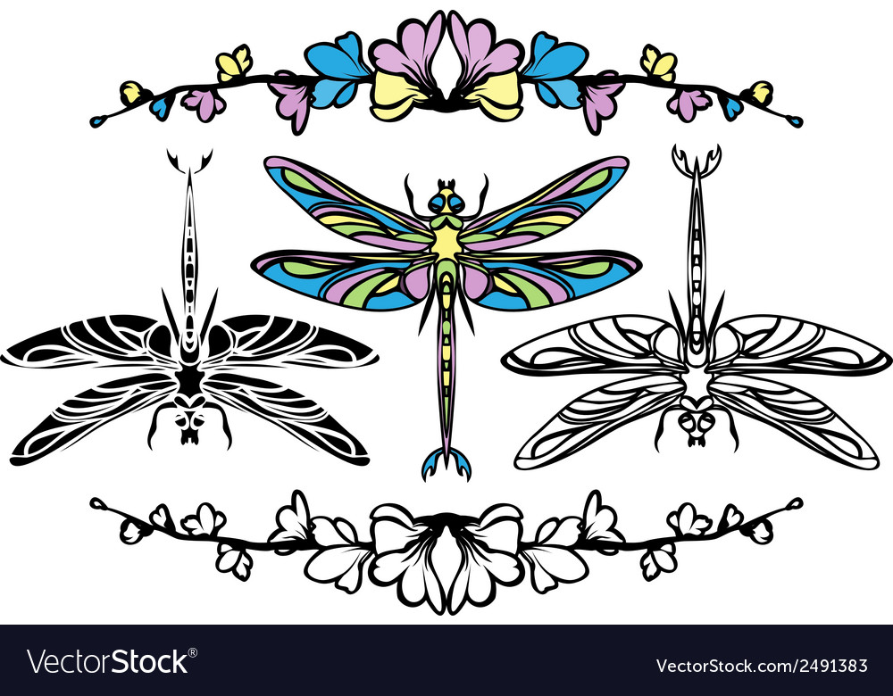 Set dragonflies color stencil and black variants Vector Image