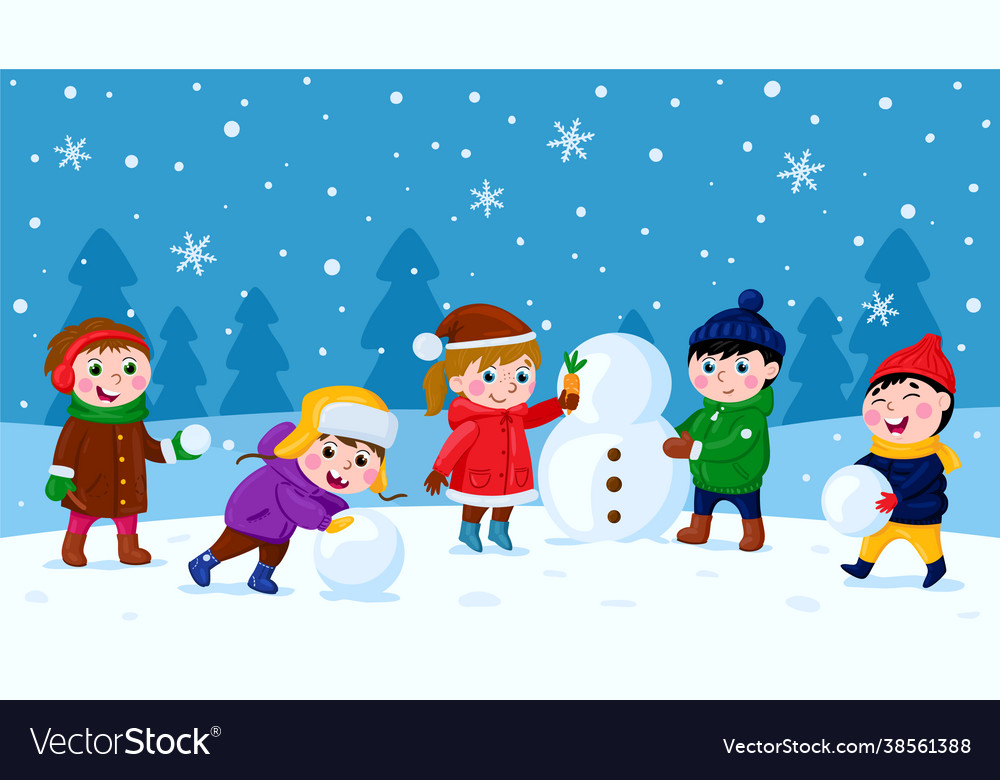 Children making snowman winter outdoor activity Vector Image