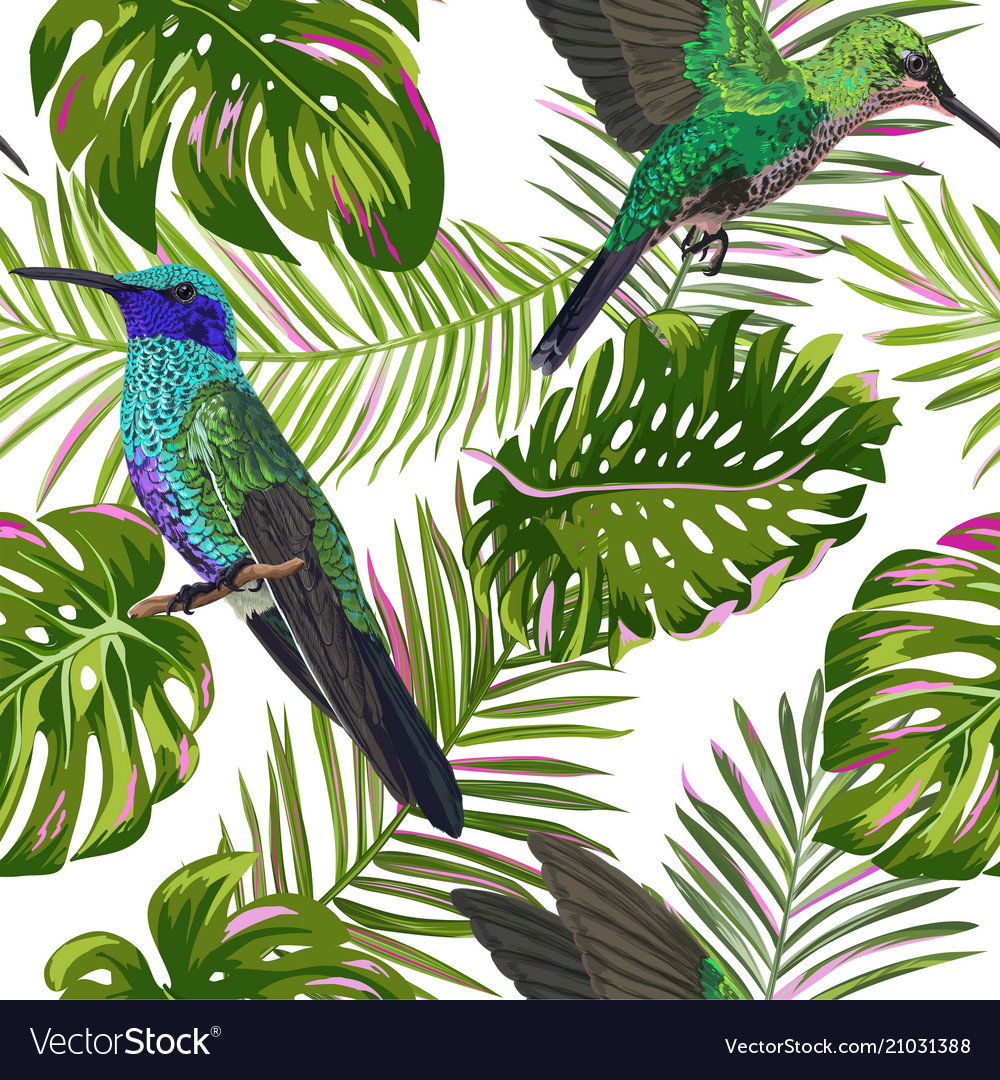 Floral tropical seamless pattern with humming bird