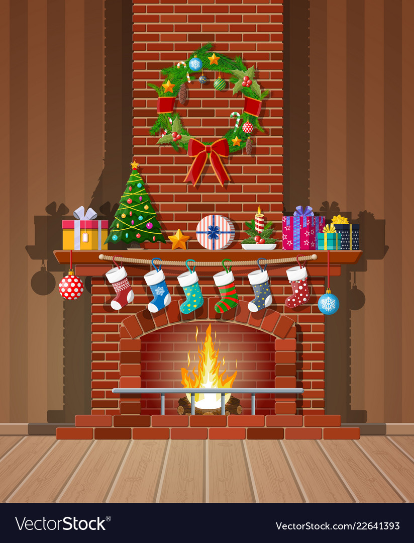 Christmas Red Brick Classic Fireplace Royalty Free Vector