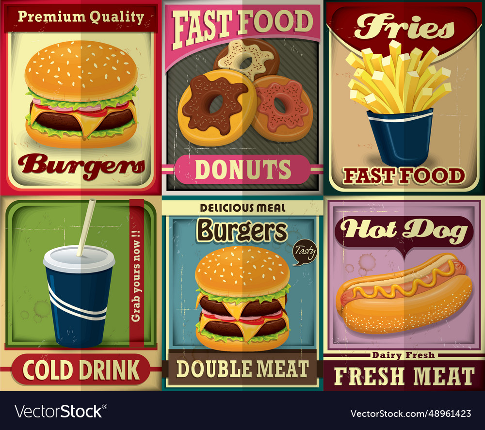 Vintage fast food poster design set Royalty Free Vector