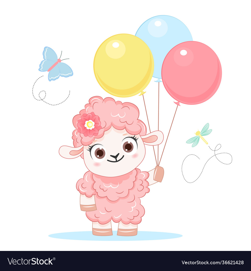 Cartoon smiling pink sheep with balloons