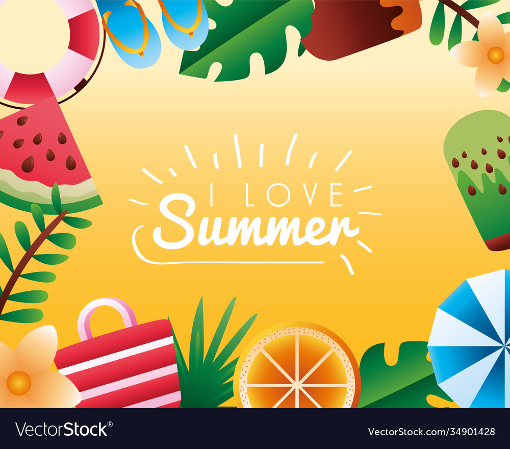 Love summer season lettering with set icons around