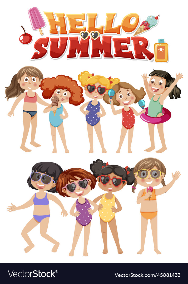 Hello summer text with kids characters set Vector Image