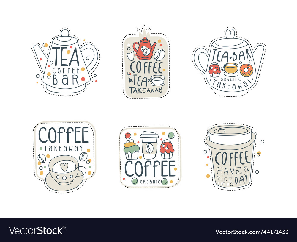 Tea coffee bar labels set takeaway drinks hand Vector Image