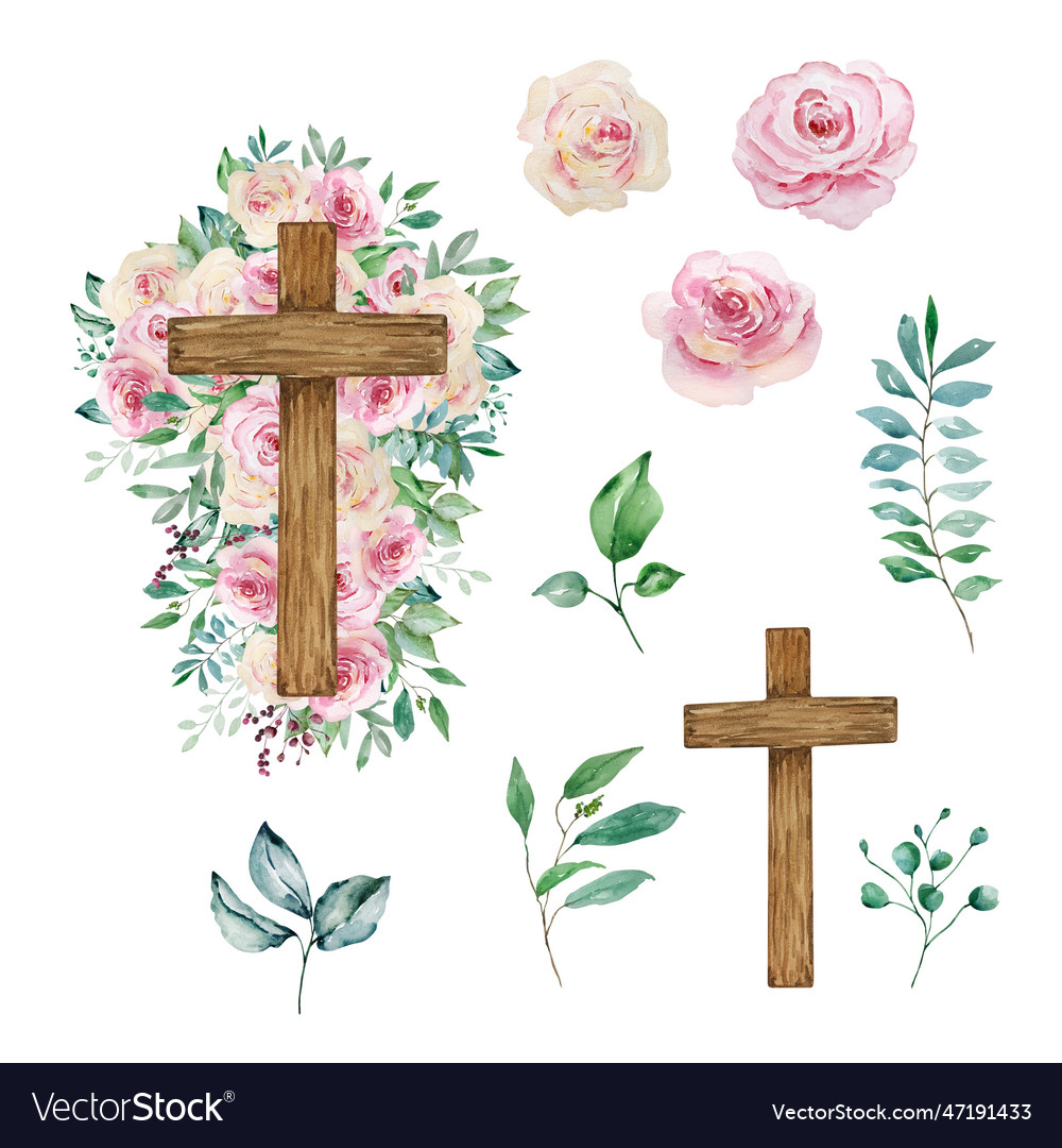 Watercolor crosses decorated with roses easter Vector Image