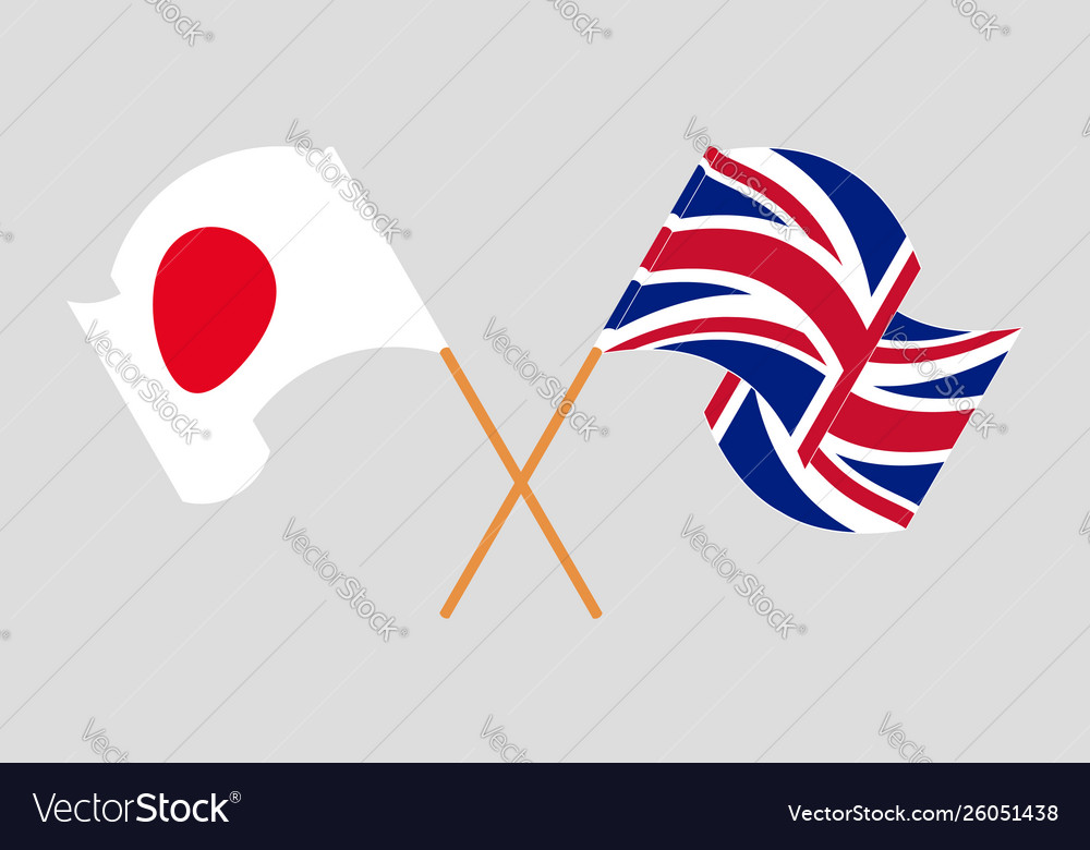 Crossed and waving flags uk and japan Royalty Free Vector