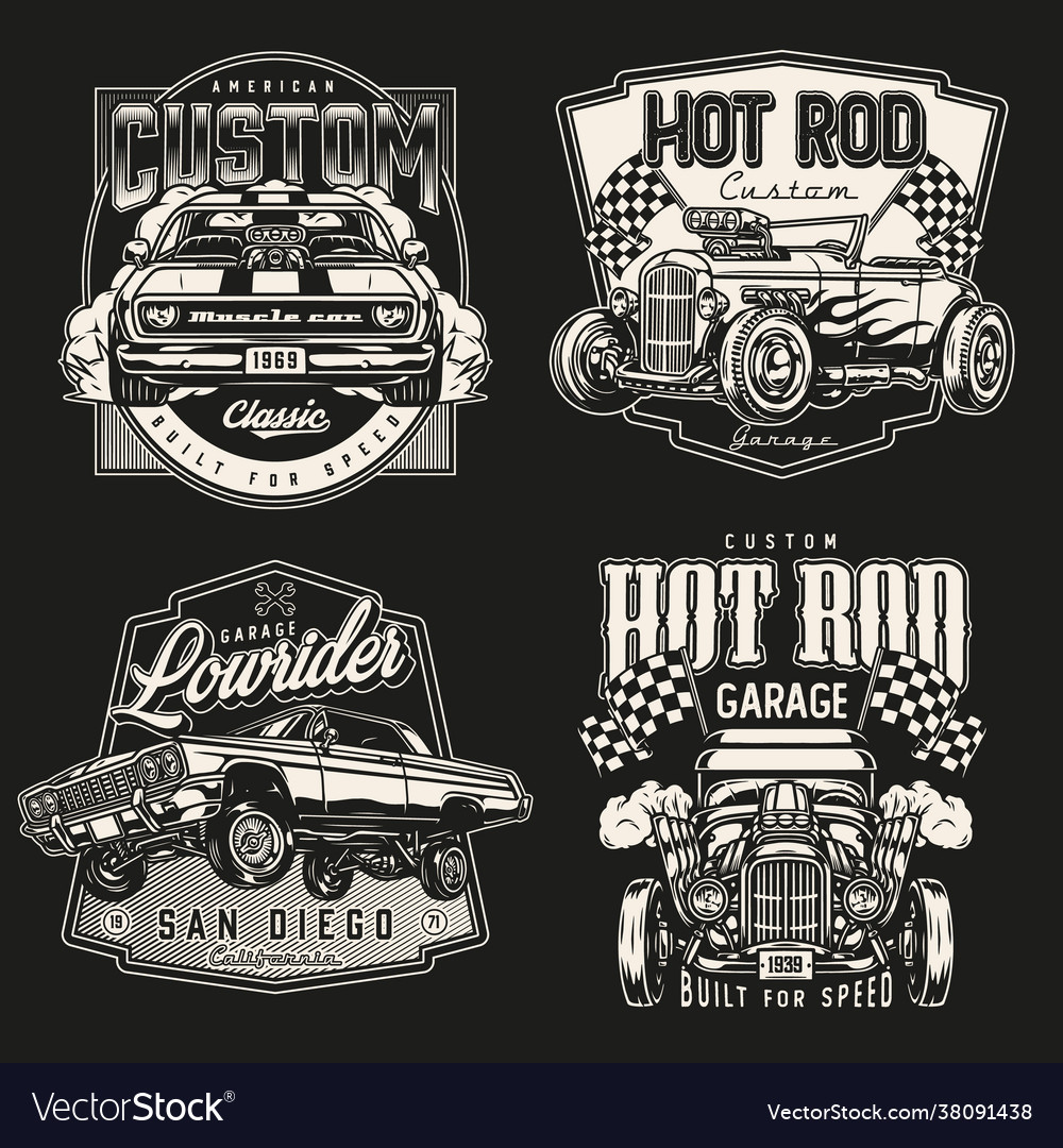 Vintage monochrome custom cars emblems Royalty Free Vector