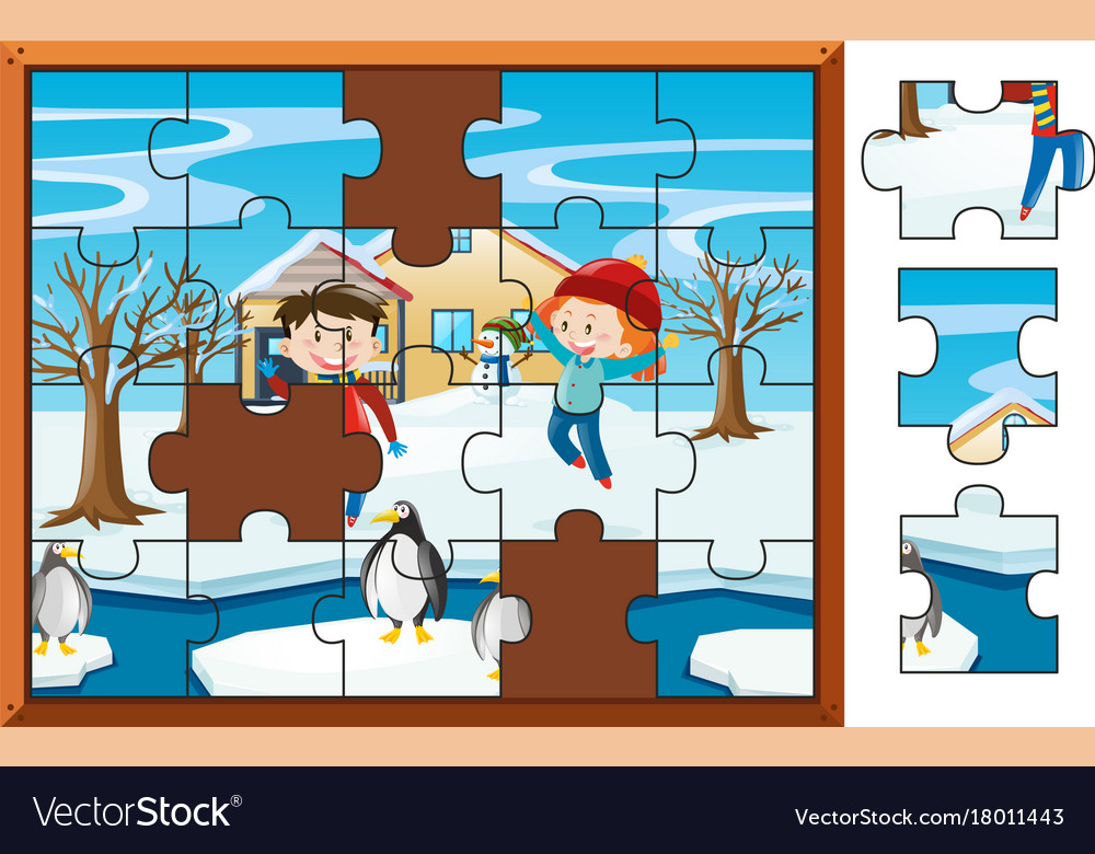 Jigsaw puzzle game with kids walking in park Vector Image