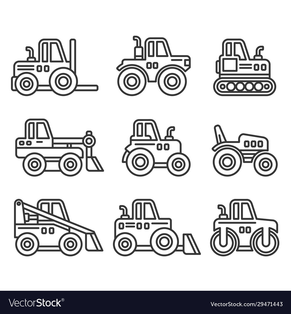 Tractors farm and buildings machines icons set Vector Image