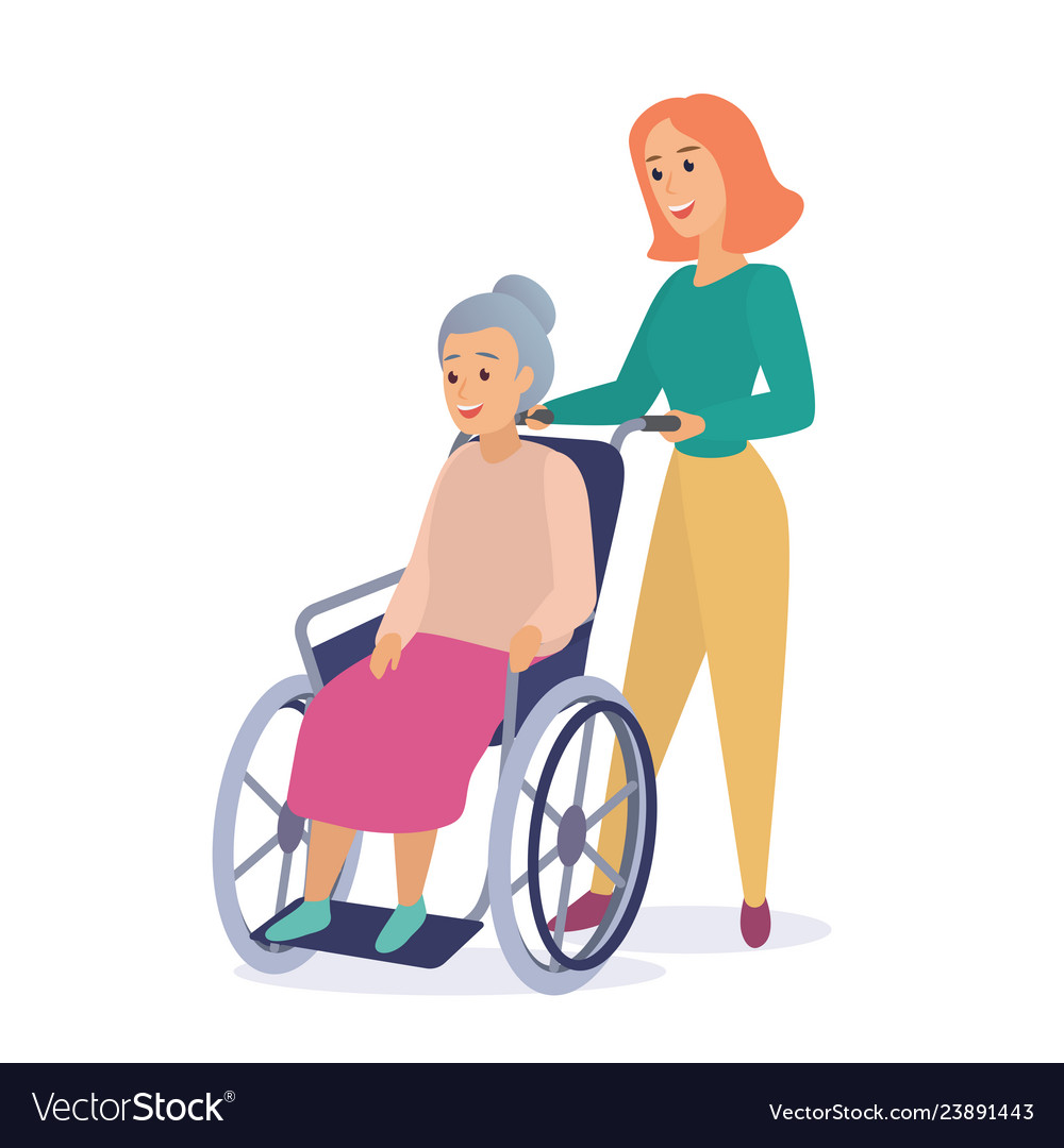 Woman social worker on a walk with disabled Vector Image