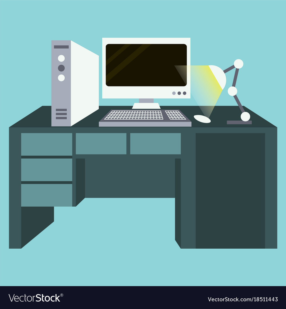 Workplace Desk Computer Lamp Top Angle View Flat Vector Image