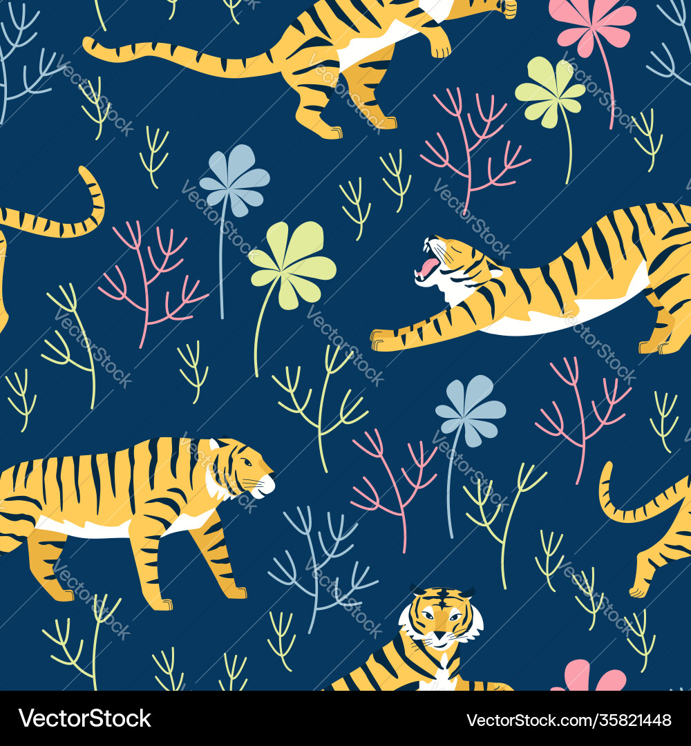 Seamless pattern with tiger poses Royalty Free Vector Image