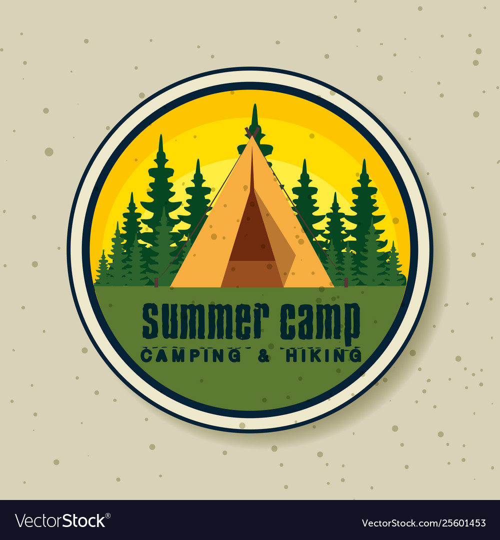 Label camp with pines trees explore Royalty Free Vector