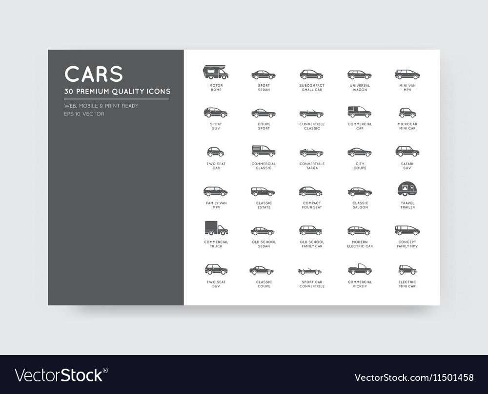 Car Icons Set With All Types And Names Vector Image