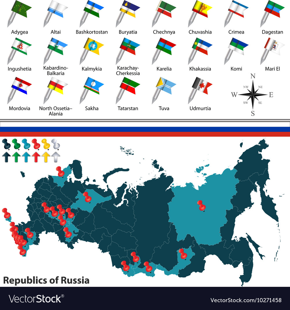 Map of the Russian Federation colored like the Russian flag Stock Vector