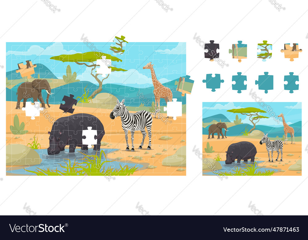 Jigsaw puzzle game with african savannah animals Vector Image