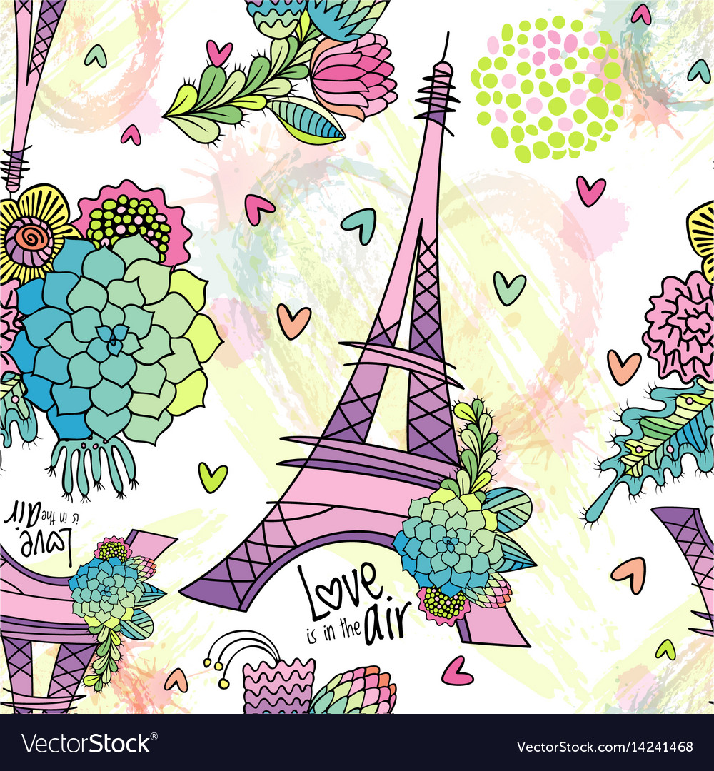 Abstract floral seamless pattern with eiffel tower