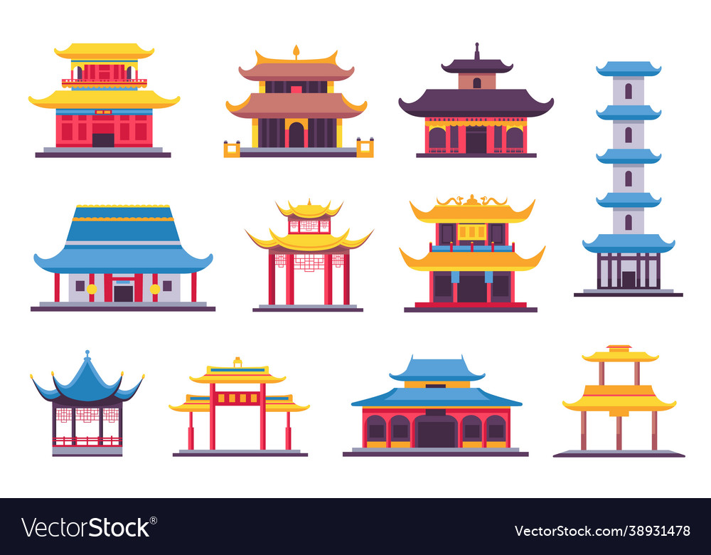 flat-chinese-and-japanese-buildings-ancient-vector-image